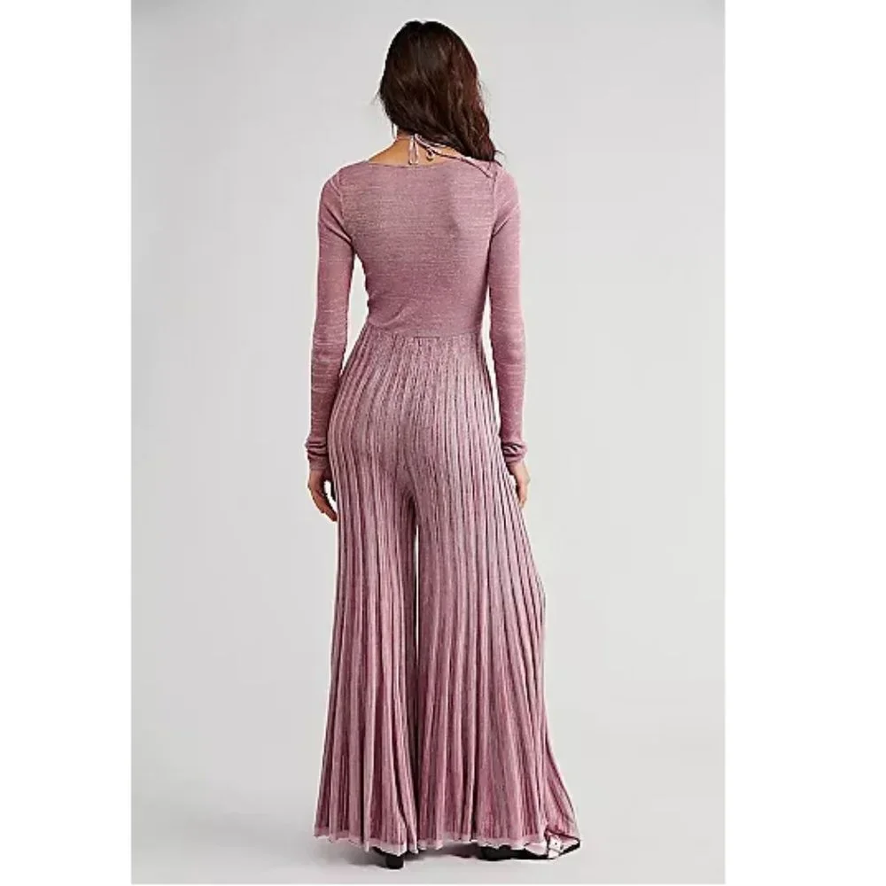NEW Free People Lady Luck Jumpsuit One Piece Rose Pink Knit Ribbed Flare